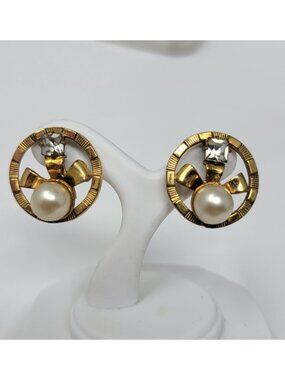 Vintage Gold Vermeil Sterling Silver Faux Pearl Rhinestone Screwback Earrings